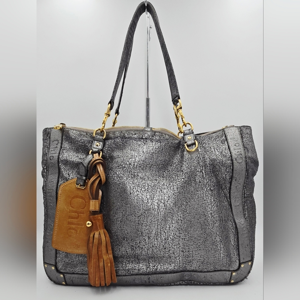 Chloe Eden Distressed Metallic Silver Calfskin Tote Bag